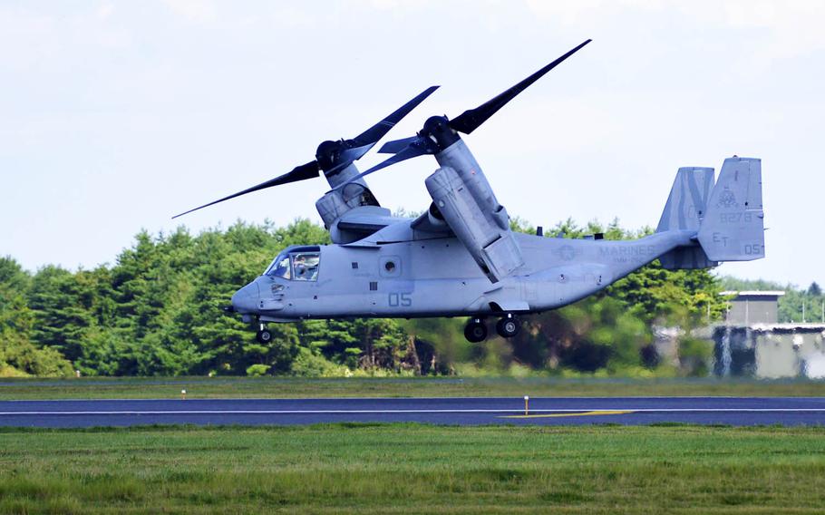An MV-22 Osprey tilt-rotor aircraft assigned to Marine Medium Tiltrotor Squadron 262 departs Misawa Air Base, Japan, in September. The Navy hopes recent tests using rolling take-off and run-on landing techniques will increase the cargo load of the aircraft.