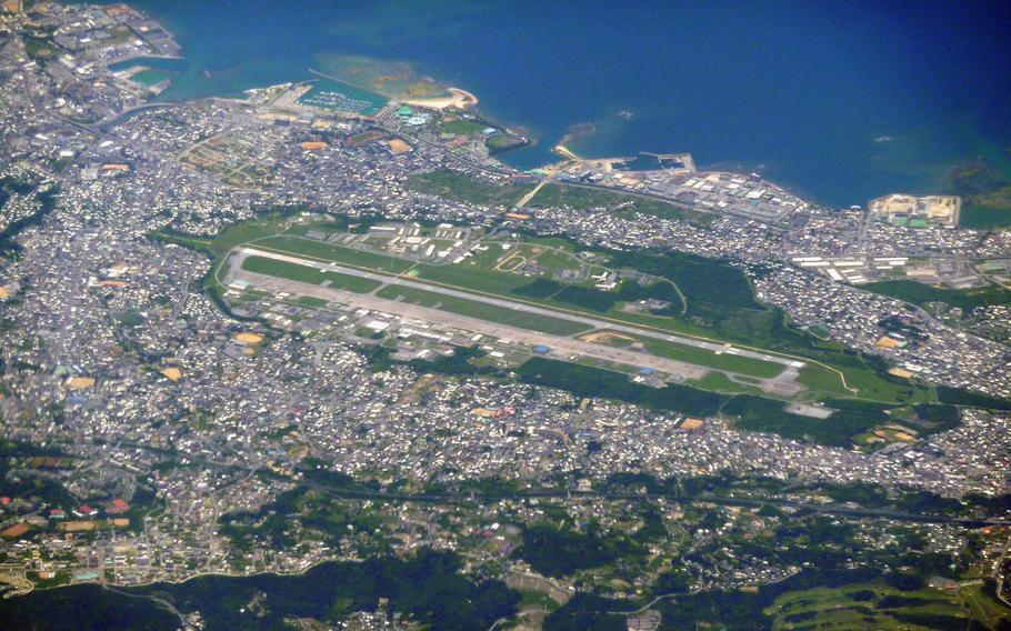 An aerial view of Marine Corps Air Station Futenma in Okinawa, Japan. Mayors committed to U.S. military base realignment plans in Okinawa and Iwakuni each won re-election this past weekend, giving the Japanese government a political boost against those opposed to the moves. 