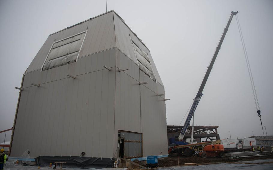 Construction continues on a U.S. Aegis Ashore missile defense system at Naval Support Faculty Deveselu, Romania, Jan. 21, 2015. Aegis Ashore is the land-based version of the Navy's Aegis ballistic missile defense system used on ships. Similar to the Army's Terminal High Altitude Area Defense system, or THAAD, it destroys missiles as they re-enter the atmosphere.