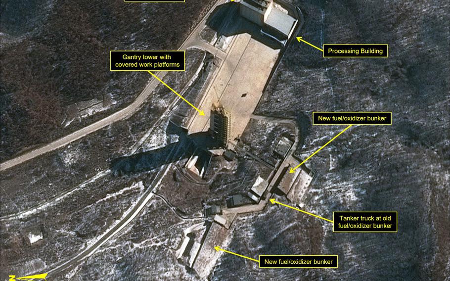 This image provided by the U.S.-Korea Institute at the Johns Hopkins School of Advanced International Studies via 38 North and via a satellite image from Centre National d’Études Spatiales and Airbus Defense & Space / Spot Image, shows a satellite image captured Feb. 4, 2016, of the Sohae launch facility on the west coast of North Korea, in Cholsan County, North Pyongan Province. The website 38 North says that North Korea appears to have brought in fuel in preparation for a rocket launch it plans to conduct in defiance of international sanctions this month.