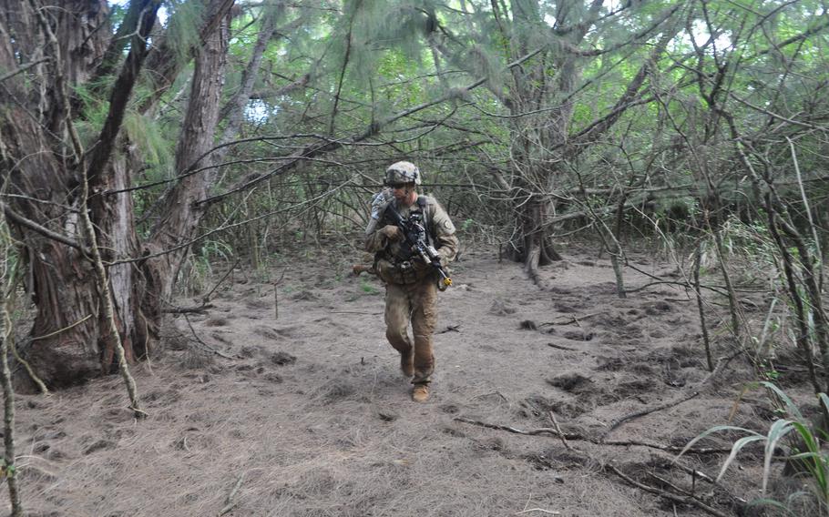 Soldiers with the 2nd Brigade Combat Team snake their way through Hawaiian jungle Feb. 5, 2016, during Exercise Lightning Forge.