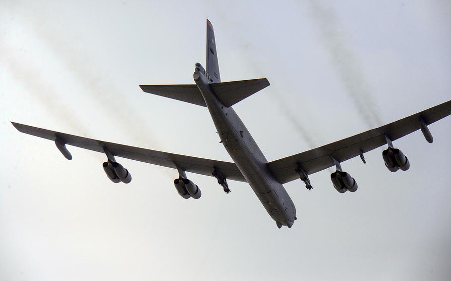 A B-52H Stratofortress from Andersen Air Force Base, Guam, conducts a low-level flight in the vicinity of Osan, South Korea, on Jan. 10, 2016, in response to recent provocative action by North Korea.