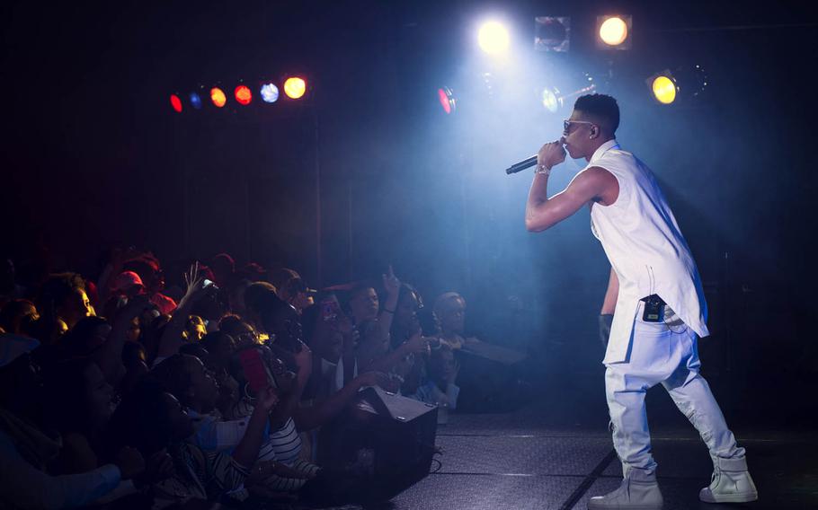 Bryshere Gray, who plays Hakeem Lyon on the Fox TV series "Empire," performs at Yokota Air Base, Japan, Dec. 15, 2015. As part of a USO tour, cast members participated in meet and greets, spoke with Yokota High School youth and hosted and performed a family-friendly party where participants dressed in white.