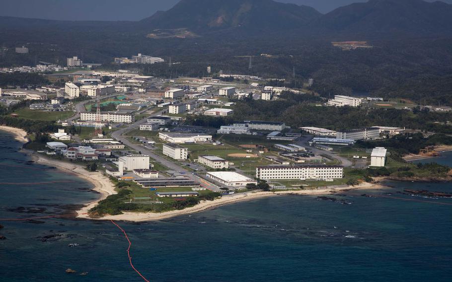 An aerial view of Okinawa's Camp Schwab, where Marine Corps Air Station Futenma in the southern part of the island prefecture is slated to relocate by 2025.