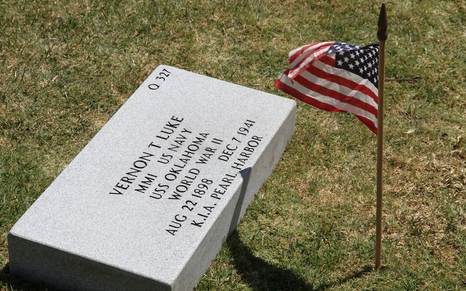 The headstone for Petty Officer 1st Class Vernon T. Luke, a  USS Oklahoma crew member who died in the Dec. 7, 1941 Japanese attack on Oahu. Luke lay in a grave marked for "unknowns" until his remains were recently identified.