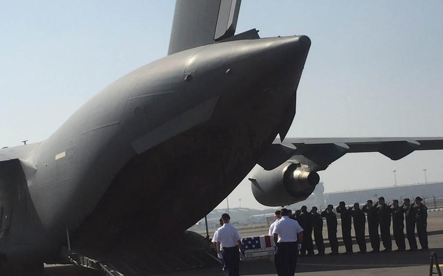 Seventy-two years after eight airmen in the B-24 Liberator Hot as Hell crashed in violent weather over India during World War II, part of the crew began their final journey home after a full-honors ceremony Wednesday, April 13, 2016, at Air Force Station Palam in New Delhi, India.
