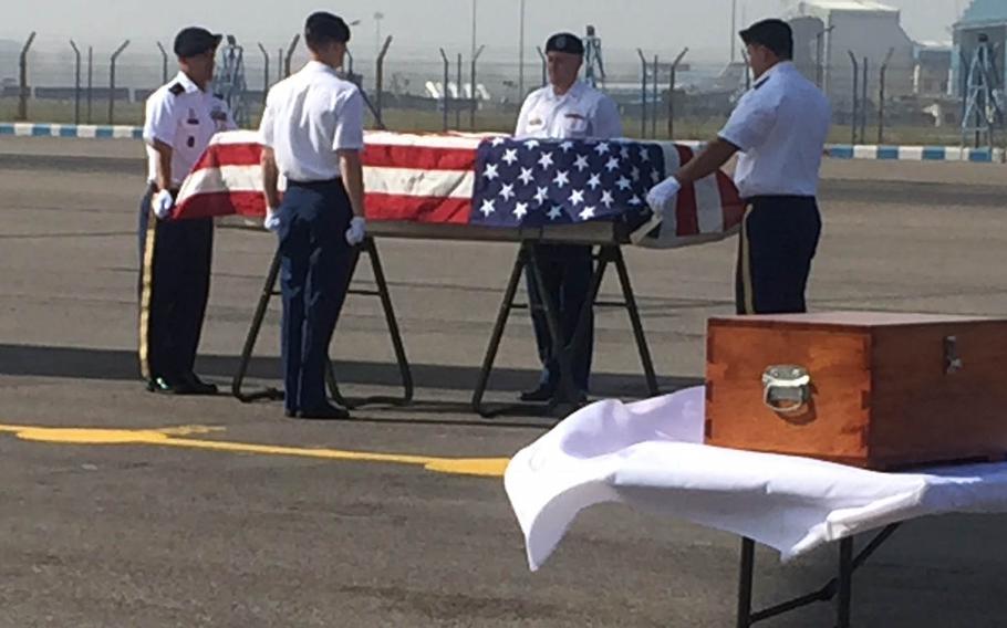 Seventy-two years after eight airmen in the B-24 Liberator Hot as Hell crashed in violent weather over India during World War II, part of the crew began their final journey home after a full-honors ceremony Wednesday, April 13, 2016, at Air Force Station Palam in New Delhi, India.