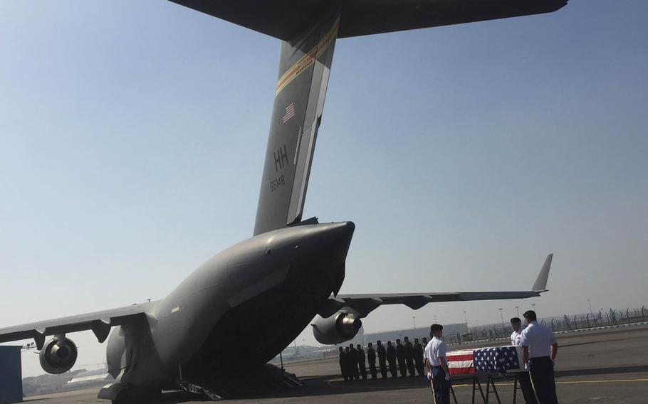 Seventy-two years after eight airmen in the B-24 Liberator Hot as Hell crashed in violent weather over India during World War II, part of the crew began their final journey home after a full-honors ceremony Wednesday, April 13, 2016, at Air Force Station Palam in New Delhi, India.