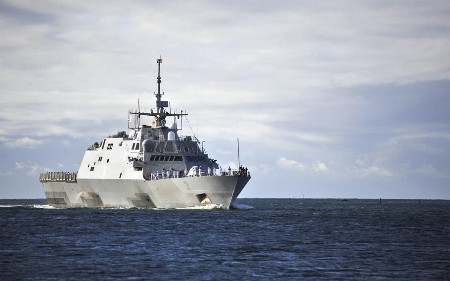 The USS Fort Worth arrives at Joint Base Pearl Harbor-Hickam in 2014. The littoral combat ship will return under its own power to San Diego for repairs after a January mishap in Singapore damaged its main propulsion system.