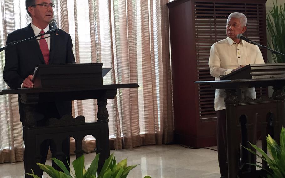 Defense Secretary Ash Carter and Philippines defense minister Voltaire Gazmin announce on Thursday, April 14, 2016, that new rotational forces will operate out of the Philippines. 