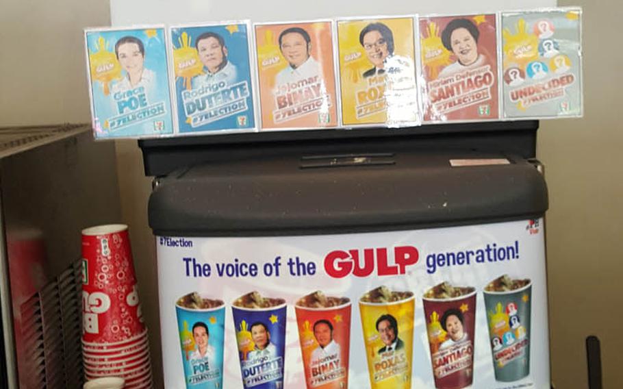 A soda dispenser at a convenience store in Manila, Philippines, advises patrons to “Gulp Wisely.” The promotion gives customers the choice of six cups representing five presidential candidates and one undecided for their soft drinks. As of April 23, 2016, candidate Rodrigo Duterte held the lead at 54 percent, according to the company’s online “Daily Cupdates” tally.

