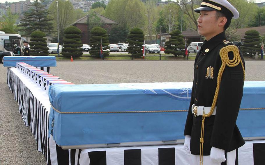 Remains belonging to 15 South Koreans and two Americans killed in the Korean War are returned home during a ceremony Thursday, April 28, 2016, at the U.S. Army Garrison-Yongsan.