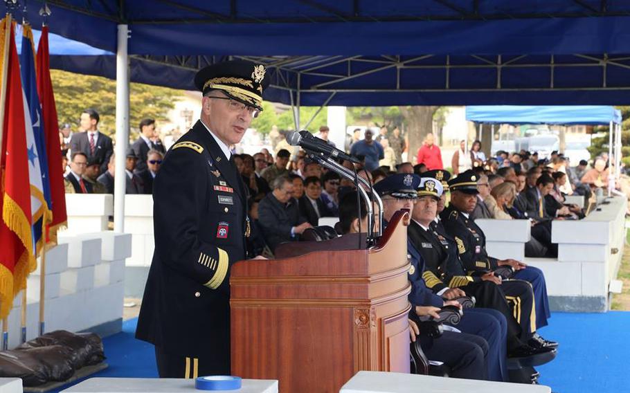 Gen. Curtis M. Scaparrotti, outgoing commander of United Nations Command, Combined Force Command and U.S. Forces Korea, addresses soldiers, civilians, and family members during a change of command ceremony on Knight Field, April 30, 2016.