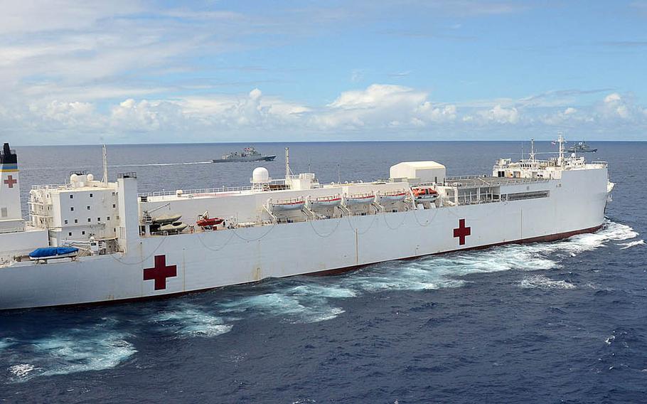 U.S. Navy hospital ship USNS Mercy steams in the Pacific Ocean during Rim of the Pacific Exercise 2014. The vessel will participate in the Navy's largest annual humanitarian aid and relief preparedness mission in Southeast Asia beginning May 11, 2016.