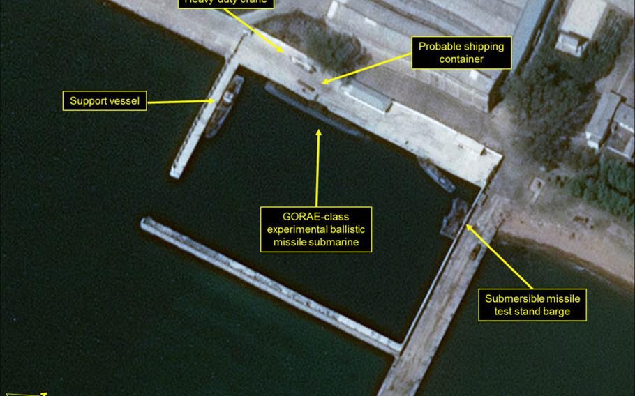This satellite image taken April 28, 2016, shows post-launch activity of a submarine-launched ballistic missile at Sinpo South Shipyard, North Korea. 