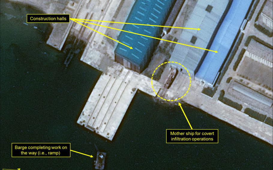 This satellite image taken April 28, 2016, shows that construction halls capable for building a new class of ballistic missile submarine appear to be externally complete at Sinpo South Shipyard, North Korea.
