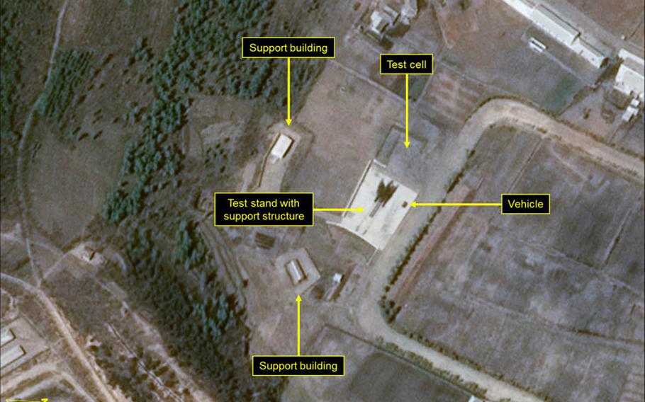 This satellite image taken April 28, 2016, suggests little activity at a vertical test stand near Sinpo South Shipyard, North Korea.