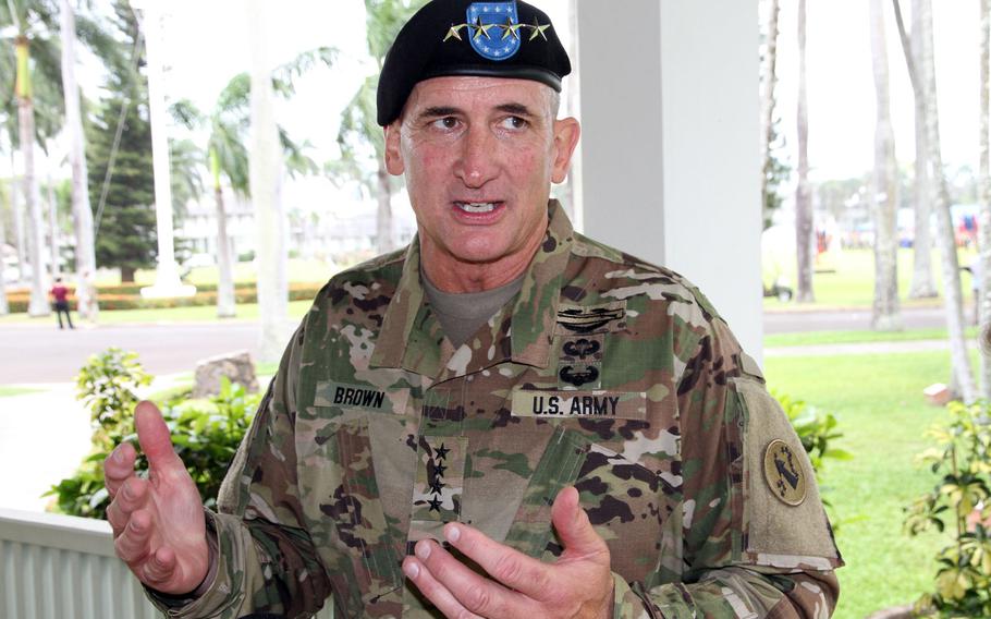 Gen. Robert B. Brown speaks with reporters after a ceremony at Fort Shafter, Hawaii, Wednesday, May 4, 2016, during which he assumed command of U.S. Army Pacific. Brown, who served 12 years with units focused on the Pacific, is no stranger to the region. That experience includes commander of I Corps and Joint Base Lewis-McChord, deputy commanding general of the 25th Infantry Division, commander of the 1st Brigade Stryker team and director of training and exercises at Pacific Command headquarters.