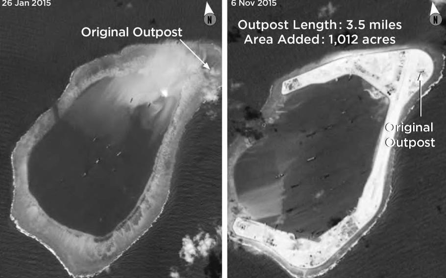 China expanded a number of reefs in the South China Sea through sand dredging, such as Subi Reef, as shown in this photograph in the Defense Department's annual report to Congress on China's military developments. The Subi Reef expansion included a runway and ship berthing area.