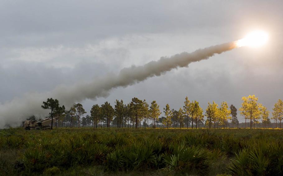 The 3-27th Field Artillery Regiment launches an M142 High Mobility Artillery Rocket System, or HIMARS, rocket during Exercise Dragon Strike June 10, 2015, at Avon Park Air Force Range, Fla. U.S. Pacific Command chief Adm. Harry Harris has urged the Army to establish Fort HIMARS, which he describes as a highly mobile, networked, lethal weapons system with long reach.

