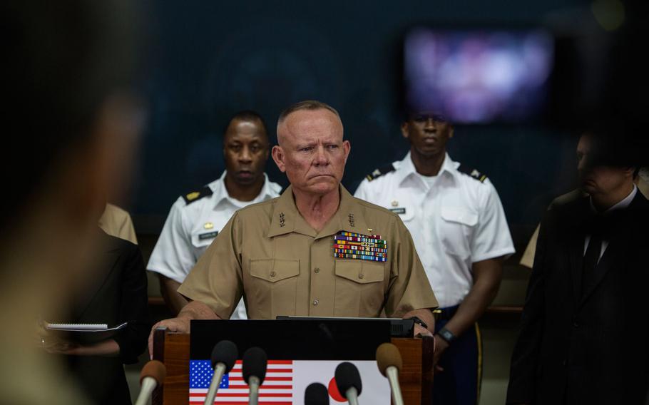 Lt. Gen. Lawrence D. Nicholson announces a 30-day period of unity and mourning for all U.S. military and Status of Forces Agreement personnel on Okinawa, at a press conference on Camp Foster, Okinawa, Japan, May 28, 2016.