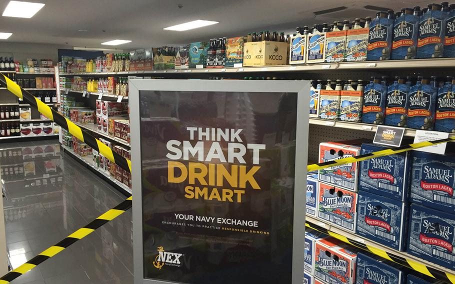 A beer aisle is blocked off at the Navy Exchange at Yokosuka Naval Base, Japan, Monday, June 6, 2016. Sailors in Japan are barred until further notice from non-essential, off-base activities and banned from drinking alcohol, Navy officials announced Monday following a recent spate of high-profile arrests of servicemembers and civilians.
