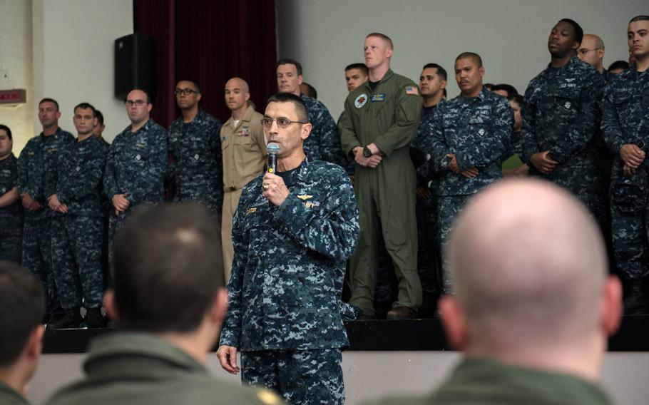Rear Adm. Matthew Carter, commander of Naval Forces Japan, speaks to sailors at Naval Air Facility Atsugi during an all-hands meeting, Thursday, June 9, 2016. Sailors in Japan are once again allowed off base, but a ban on alcoholic beverages remains following multiple high-profile arrests involving Navy personnel.