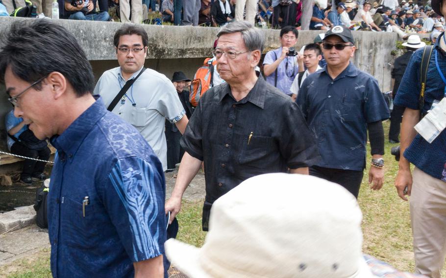 Okinawa governor Takeshi Onaga, who campaigned on an anti-U.S. base stance, attending a protest calling for the removal of U.S. forces from Okinawa June 19, 2016. Recent high-profile crimes by U.S. servicemembers have brought tensions to a head.