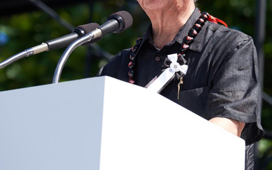 Okinawa Gov. Takeshi Onaga, speaks at an anti-U.S. military protest in Naha, Japan June 19, 2016. Onaga has been highly critical of the U.S. military presence in Okinawa and the burden Tokyo places on the island prefecture to host 50,000 miitary, family members and civilians. 

