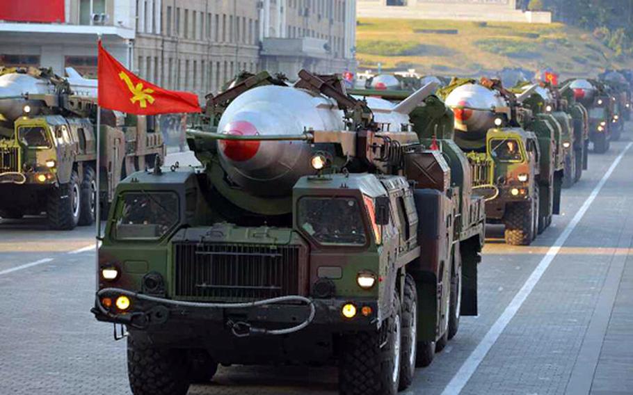 In this October 10, 2015 file photo, the Democratic People's Republic of Korea army parades it's missile defense during the Workers' Party of Korea 70th anniversary. North Korea failed to launch a powerful mid-range missile Wednesday for the fifth time in just over two months, South Korea's military said.