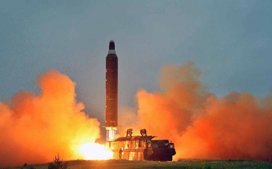 The North Korean military test launches one of two Musudan missiles Wednesday, June 22, 2016, in this photo from North Korean media outlet Rodong Sinmun.  