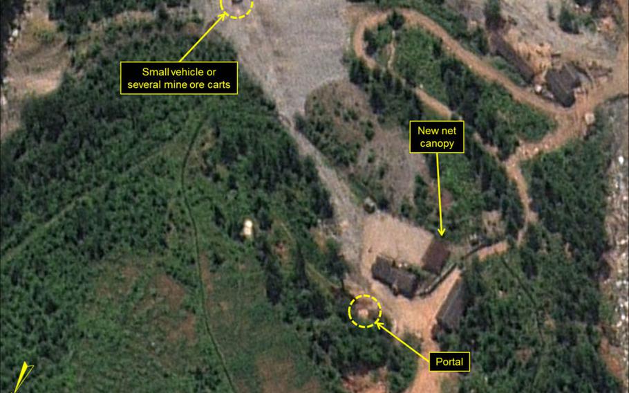 A new canopy erected near the north portal of North Korea's Punggye-ri Nuclear Test Site can be seen in this Aug. 4, 2016, satellite image from Airbus Defense & Space and 38 North. 