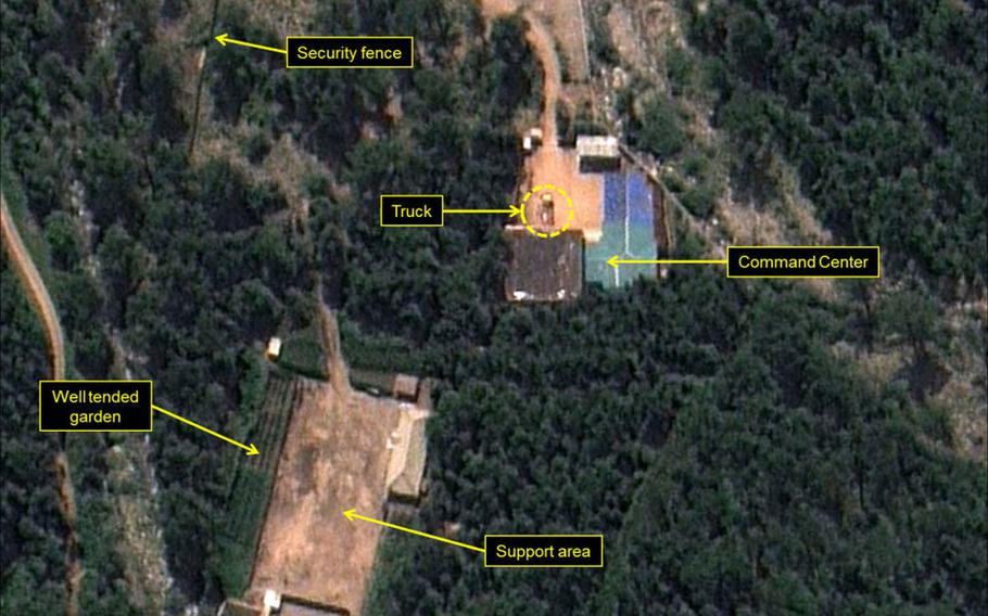 A large truck is present at the command center of North Korea's Punggye-ri Nuclear Test Site in this Aug. 4, 2016, satellite image from Airbus Defense & Space and 38 North. 