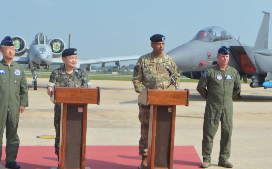 Army Gen. Vincent Brooks, commander of U.S. Forces Korea and the Combined Forces Command, calls North Korea's recent nuclear test an "unacceptable threat" Tuesday, Sept. 13, 2016. He spoke to reporters while standing with South Korean Gen. Lee Sun-jin, chairman of the Joint Chiefs of Staff, to his left. U.S. Lt. Gen. Thomas Bergeson, the Combined Forces air component commander, is on the far right, and Lt. Gen. Lee Wang-kun, South Korean air operation commander, on the far left.