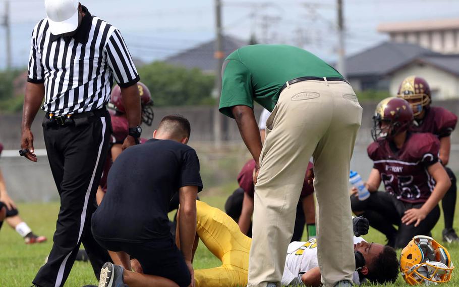 Four players were injured in the first half for Robert D. Edgren in its 23-0 loss on Saturday at Matthew C. Perry. The game was called with 4:23 left in the first half when the Eagles ran short of players.