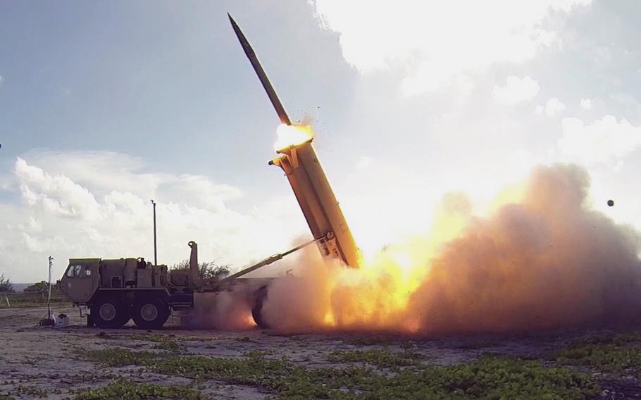 A Terminal High Altitude Area Defense interceptor is launched from a THAAD battery located on Wake Island, during Flight Test Operational-02 Event 2a, conducted Nov. 1, 2015. During the test, the THAAD system successfully intercepted two air-launched ballistic missile targets.