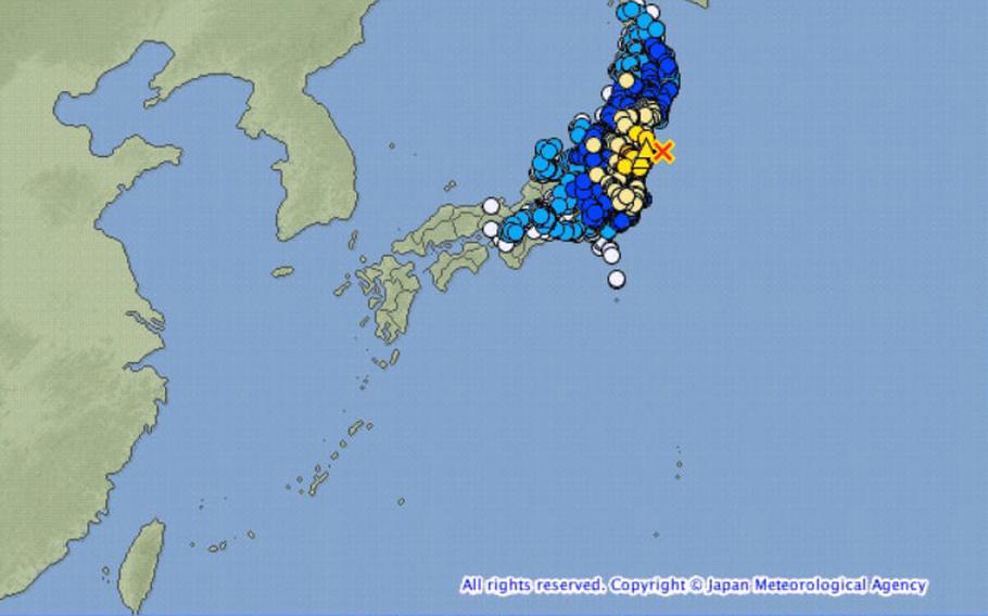 A Japan Meteorological Agency map shows how far the effects of a preliminary 7.4-magnitude earthquake were felt through the country.