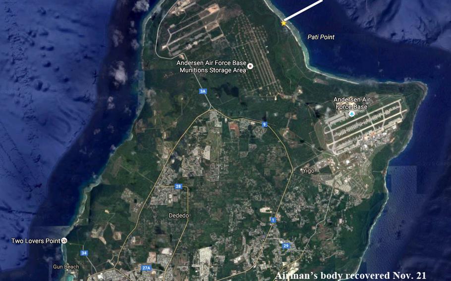 A search-and-rescue operation was underway Tuesday, Nov. 22, 2016, after an airman went missing while swimming at Tarague Beach on Andersen Air Force Base, Guam. Hours earilier, authorities recovered the body of another airman, who went missing Sunday while swiming south of the air base at Pagat Point. 