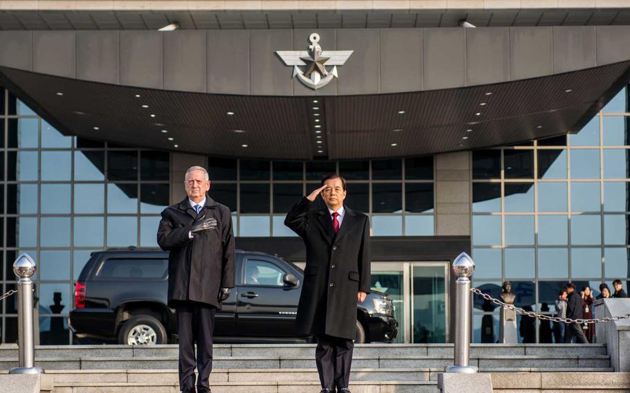 U.S. Secretary of Defense Jim Mattis and Korean Defense Minister Han Min-Koo observe a welcome ceremony for Mattis at the Korean Ministry of Defense in Seoul, Feb. 3, 2017.