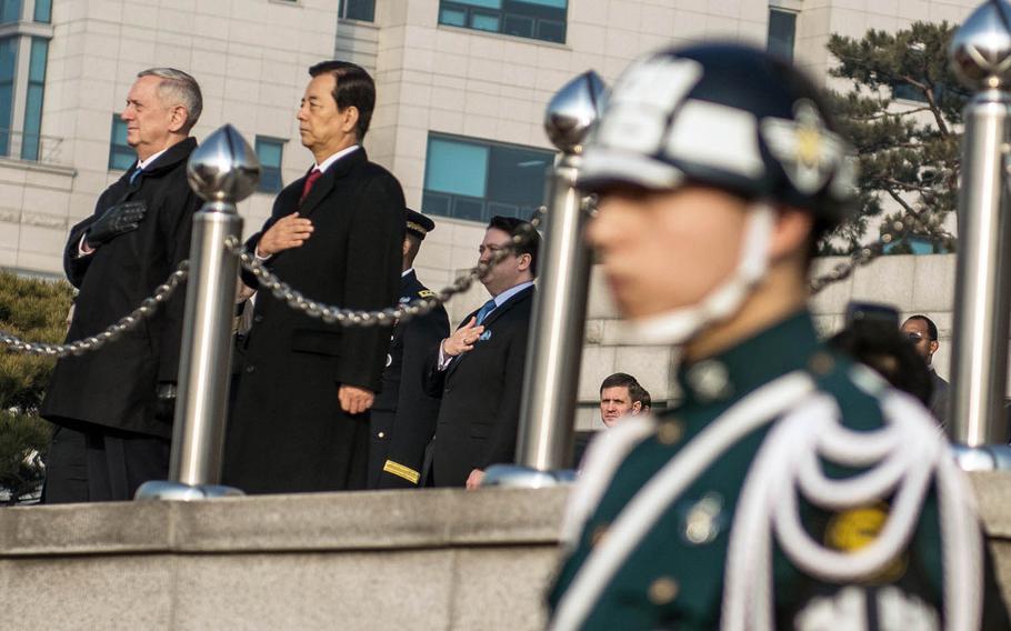 Secretary of Defense Jim Mattis and South Korean Defense Minister Han Min-koo take part in a welcome ceremony for Mattis in Seoul, South Korea, Friday, Feb. 3, 2017.