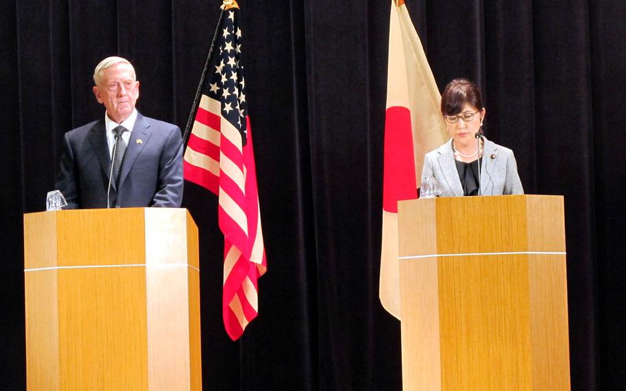 Secretary of Defense Jim Mattis takes part in a press conference with Japanese Minister of Defense Tomomi Inada at the Defense Ministry in Tokyo, Saturday, Feb. 4, 2017. 