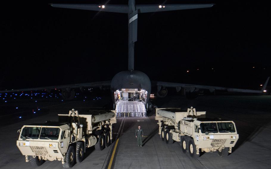 The first parts of the Terminal High Altitude Area Defense system known as THAAD arrived at Osan Air Base on the divided peninsula shortly after Pyongyang launched four ballistic missiles into the sea near Japan on Monday.