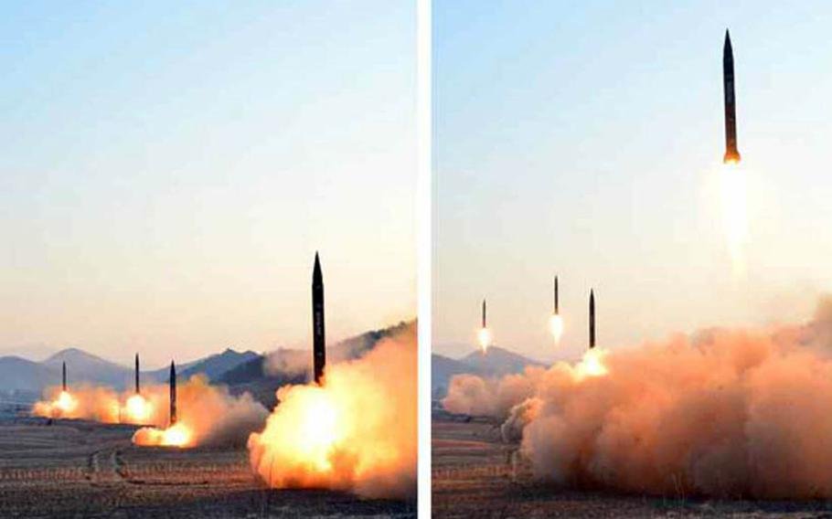 The Tuesday, March 7, 2017, edition of North Korea's official Rodong Sinmun newspaper published several undated photos of the country's latest missile launch, as well as photos of North Korean leader Kim Jong Un reportedly overseeing the test.