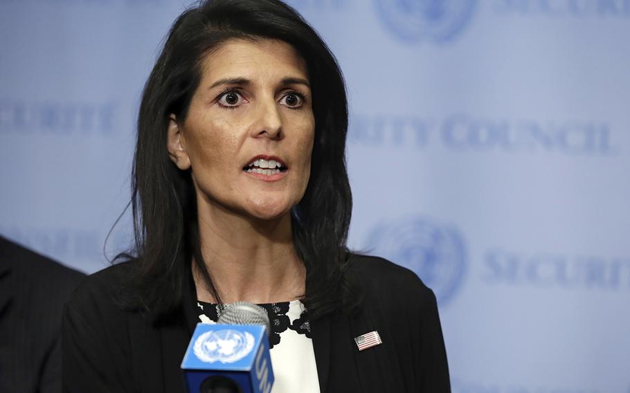 U.S. Ambassador Nikki Haley addresses a news conference after consultations of the United Nations Security Council, Wednesday, March 8, 2017.