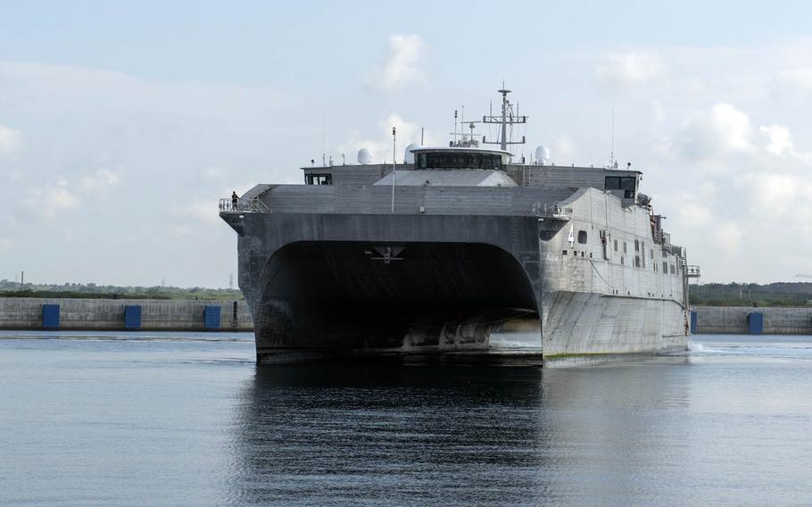 The expeditionary fast transport ship USNS Fall River arrives in Hambantota, Sri Lanka, for a Pacific Partnership mission, March 7, 2017.