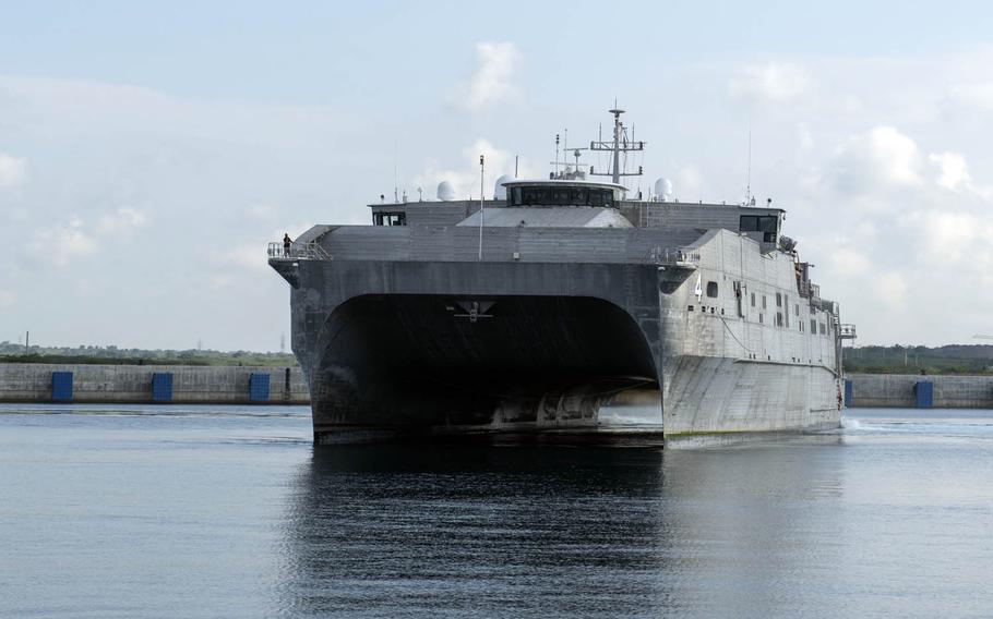 The expeditionary fast transport ship USNS Fall River arrives in Hambantota, Sri Lanka, for a Pacific Partnership mission, March 7, 2017. 