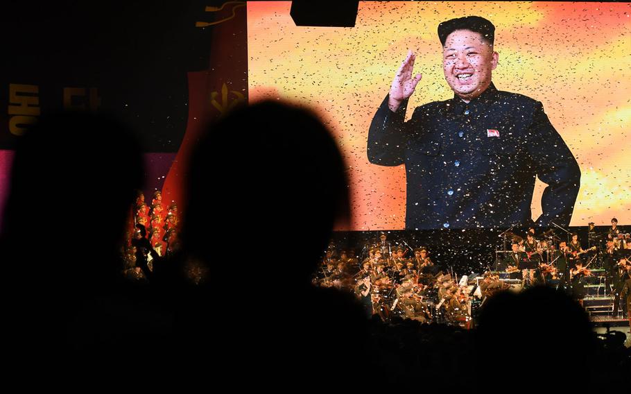 A giant image of Kim Jong Un and confetti cap a concert last year at Pyongyang Arena in the North Korean capital.