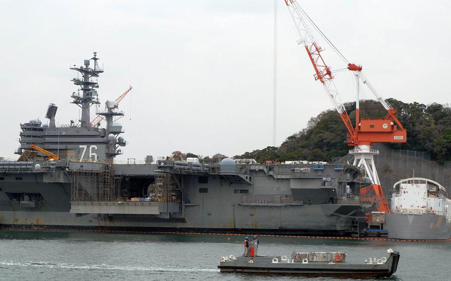 The USS Ronald Reagan in port at Yokosuka Naval Base, Japan, Friday, March 31, 2017. 