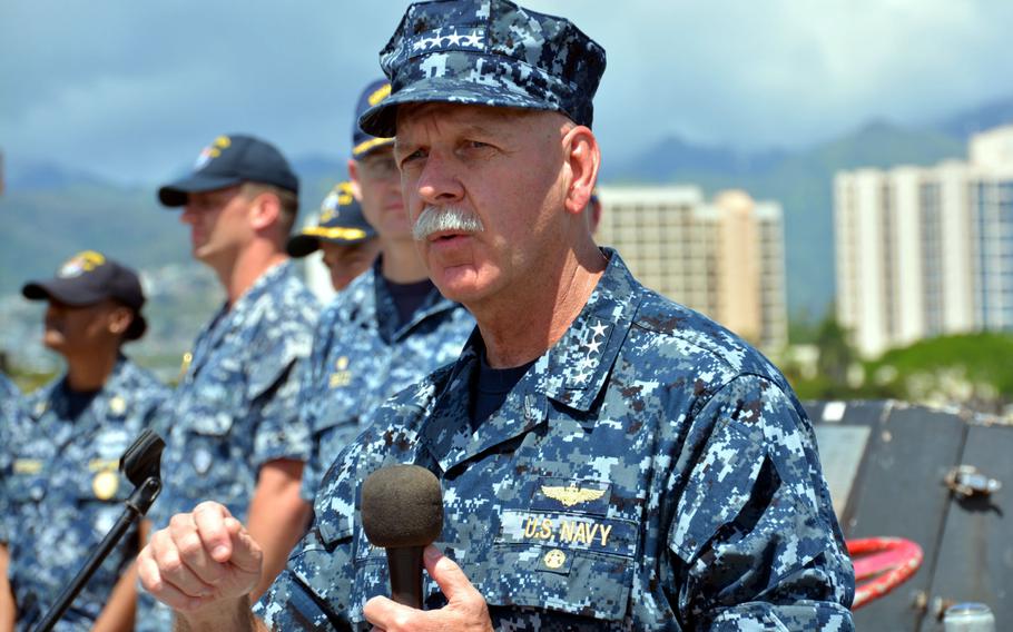 Adm. Scott Swift, commander of Pacific Fleet, talks to sailors during an all-hands call aboard the USS Sterett on April 12, 2017, at Joint Base Pearl Harbor-Hickam, Hawaii.
