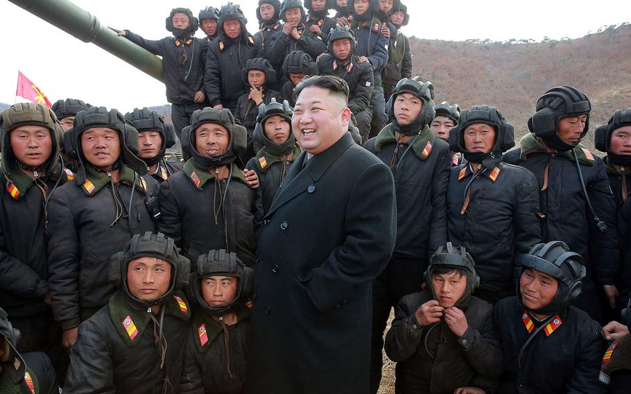 Kim Jong Un attends the Korean People's Army Tank Crews' Competition on April 1, 2017 in Pyongyang, North Korea.
